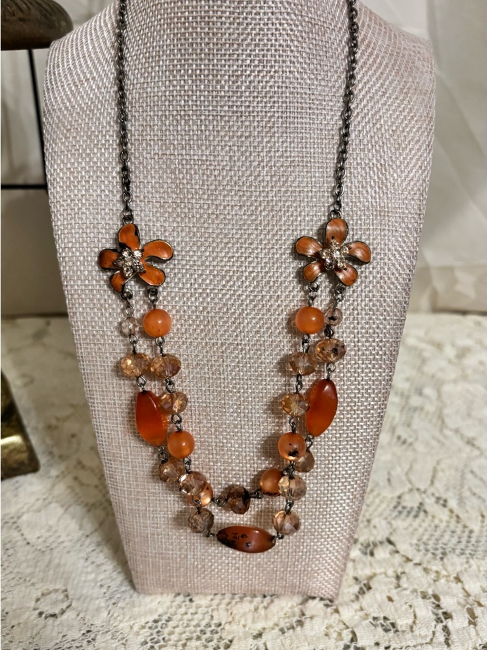 Orange Floral Double-Strand Beaded Necklace for Women